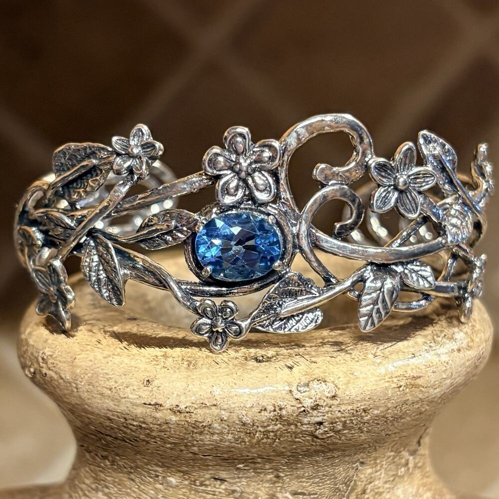PAZ Cuff Bracelet Sterling Silver & Blue Topaz Flowers and Vines Made in Israel
